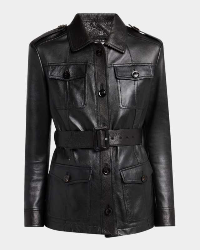 Belted Button Down Leather Jacket